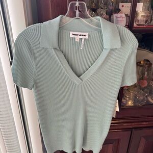 DKNY Mint Green Collared Ribbed Tee